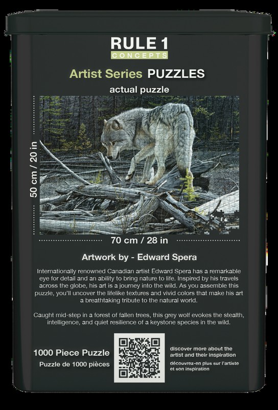 Back of a collector tin showing the story panel, puzzle dimensions and QR code