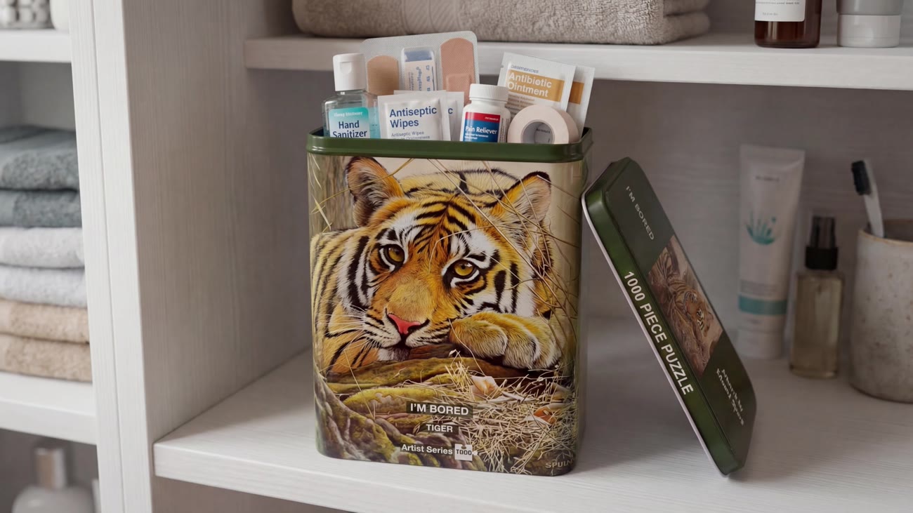 A collector tin reused as a bathroom first-aid caddy after the puzzle is complete